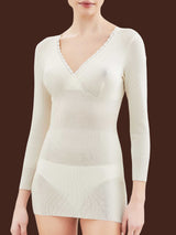 Pura Lana - Maglietta a manica lunga in lana di peso medio con pizzo Bianchi Donna - Ragno