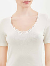 Pura Lana - Maglietta a manica corta in lana di peso medio con pizzo Bianchi Donna - Ragno