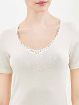 Pura Lana - Maglietta a manica corta in lana di peso medio con pizzo Bianchi Donna - Ragno