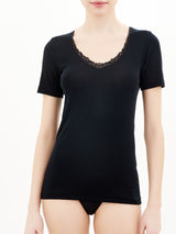 Pura Lana - Maglietta a manica corta in lana di peso medio con pizzo Neri Donna - Ragno