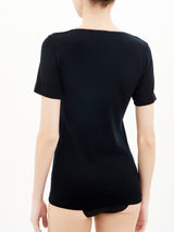 Pura Lana - Maglietta a manica corta in lana di peso medio con pizzo Neri Donna - Ragno