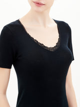 Pura Lana - Maglietta a manica corta in lana di peso medio con pizzo Neri Donna - Ragno