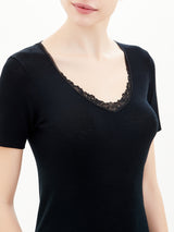 Pura Lana - Maglietta a manica corta in lana di peso medio con pizzo Neri Donna - Ragno