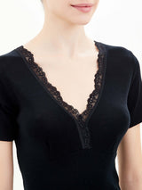 Merino Medium - Maglietta scollo a V in lana Neri Donna - Ragno