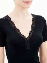 Merino Medium - Maglietta scollo a V in lana Neri Donna - Ragno