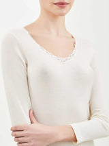 Pura Lana - Maglietta a manica lunga in lana di peso medio con pizzo Bianchi Donna - Ragno