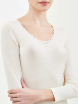 Pura Lana - Maglietta a manica lunga in lana di peso medio con pizzo Bianchi Donna - Ragno