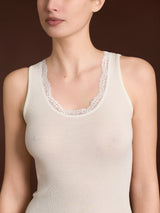 Lana Seta - Canottiera spalla larga in costina di lana e seta con pizzo Neri Donna - Ragno