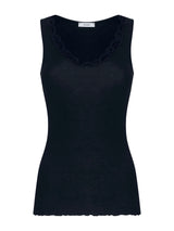 Lana Seta - Canottiera spalla larga in costina di lana e seta con pizzo Blu Donna - Ragno