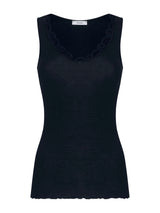 Lana Seta - Canottiera spalla larga in costina di lana e seta con pizzo Blu Donna - Ragno