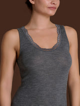 Lana Seta - Canottiera spalla larga in costina di lana e seta con pizzo Neri Donna - Ragno