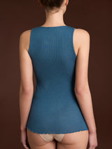 Lana Seta - Canottiera spalla larga in costina di lana e seta con pizzo Blu Donna - Ragno