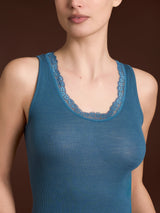 Lana Seta - Canottiera spalla larga in costina di lana e seta con pizzo Blu Donna - Ragno