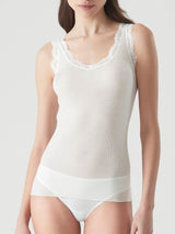 Merino Seta - Canottiera scollo a V in lana e seta con pizzo Blu Donna - Ragno