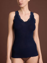 Merino Seta - Canottiera scollo a V in lana e seta con pizzo Blu Donna - Ragno