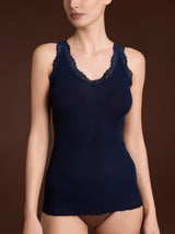 Merino Seta - Canottiera scollo a V in lana e seta con pizzo Blu Donna - Ragno