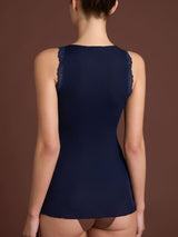 Merino Seta - Canottiera scollo a V in lana e seta con pizzo Blu Donna - Ragno