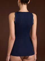 Merino Seta - Canottiera scollo a V in lana e seta con pizzo Blu Donna - Ragno