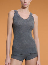 Merino Seta - Canottiera scollo a V in lana e seta con pizzo Neri Donna - Ragno