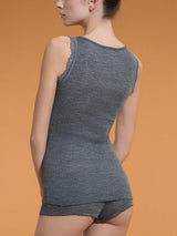 Merino Seta - Canottiera scollo a V in lana e seta con pizzo Neri Donna - Ragno