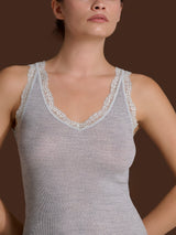 Merino Seta - Canottiera scollo a V in lana e seta con pizzo Neri Donna - Ragno