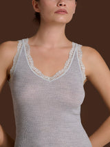 Merino Seta - Canottiera scollo a V in lana e seta con pizzo Neri Donna - Ragno