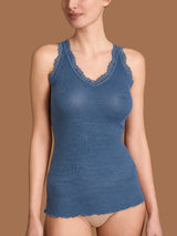 Merino Seta - Canottiera scollo a V in lana e seta con pizzo Blu Donna - Ragno