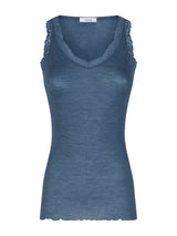 Merino Seta - Canottiera scollo a V in lana e seta con pizzo Blu Donna - Ragno