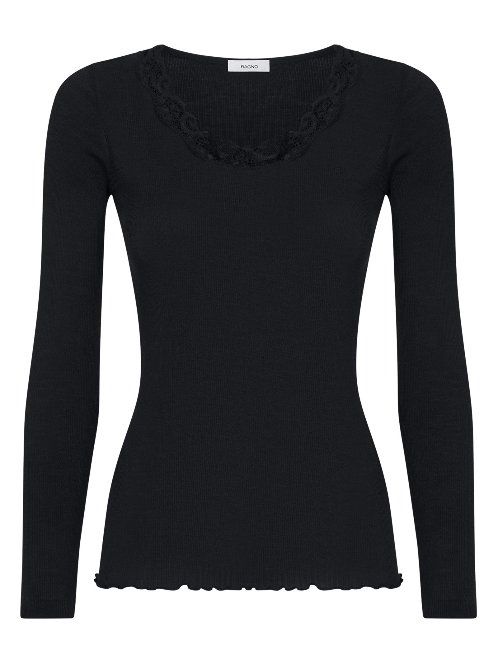Lana Seta Maglietta a manica lunga in costina di lana e seta con pizzo Nero