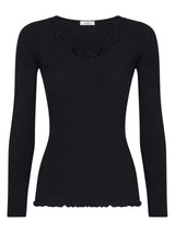 Lana Seta - Maglietta a manica lunga in costina di lana e seta con pizzo Neri Donna - Ragno