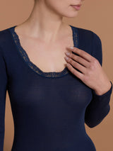 Lana Seta - Maglietta a manica lunga in costina di lana e seta con pizzo Blu Donna - Ragno