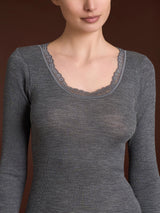 Lana Seta - Maglietta a manica lunga in costina di lana e seta con pizzo Neri Donna - Ragno