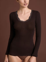 Lana Seta - Maglietta a manica lunga in costina di lana e seta con pizzo Rossi Donna - Ragno