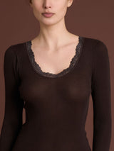 Lana Seta - Maglietta a manica lunga in costina di lana e seta con pizzo Rossi Donna - Ragno