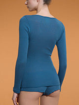Lana Seta - Maglietta a manica lunga in costina di lana e seta con pizzo Blu Donna - Ragno