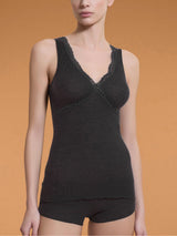 Lana Seta - Canottiera spalla larga in costina di lana e seta Neri Donna - Ragno