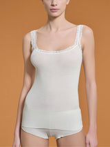 Lana Seta - Canottiera spalla stretta in costina di lana e seta con pizzo Marroni Donna - Ragno