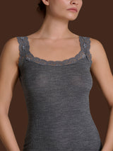 Lana Seta - Canottiera spalla stretta in costina di lana e seta con pizzo Neri Donna - Ragno