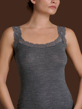 Lana Seta - Canottiera spalla stretta in costina di lana e seta con pizzo Neri Donna - Ragno
