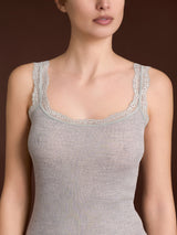 Lana Seta - Canottiera spalla stretta in costina di lana e seta con pizzo Neri Donna - Ragno