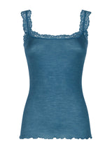 Lana Seta - Canottiera spalla stretta in costina di lana e seta con pizzo Blu Donna - Ragno