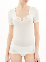 Lana Seta - Maglietta a manica corta in lana e seta con macramè Bianchi Donna - Ragno