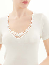 Lana Seta - Maglietta a manica corta in lana e seta con macramè Neri Donna - Ragno