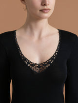 Lana Seta - Maglietta a manica lunga in lana e seta con macramè Neri Donna - Ragno