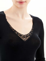 Lana Seta - Maglietta a manica lunga in lana e seta con macramè Bianchi Donna - Ragno