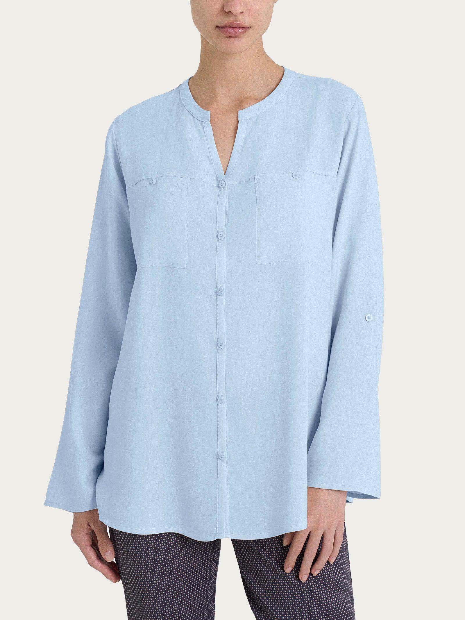 Camicia con collo alla coreana in EcoSeta Azzurri Donna - Ragno
