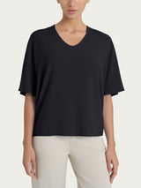 Blusa con scollo a V e manica al gomito in Ecoseta Neri Donna - Ragno