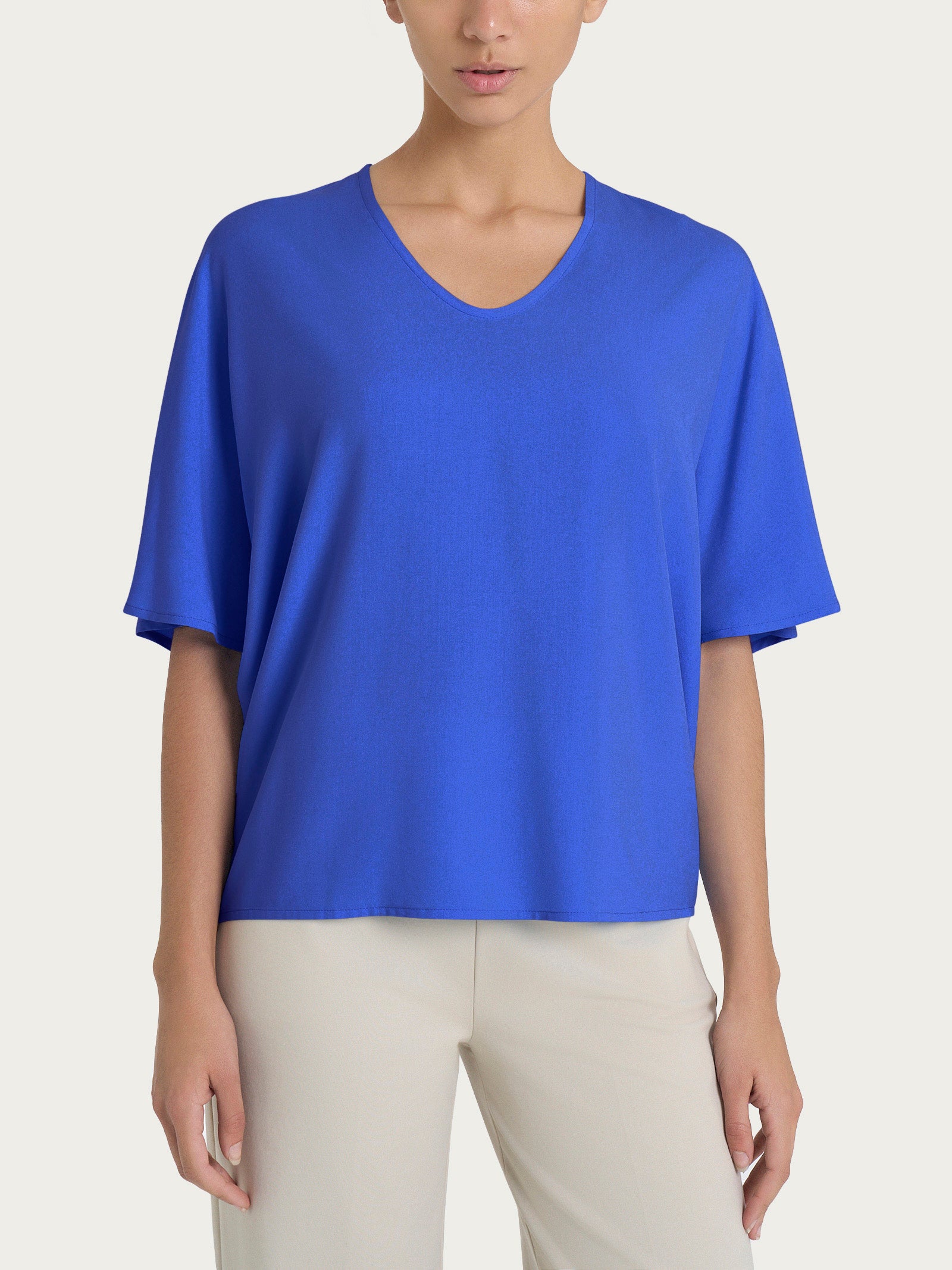 Blusa con scollo a V e manica al gomito in Ecoseta Blu Donna - Ragno