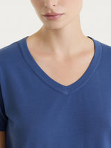 Maglietta tinta unita con scollo a V in Ultralight Blu Donna - Ragno