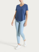Maglietta tinta unita con scollo a V in Ultralight Blu Donna - Ragno